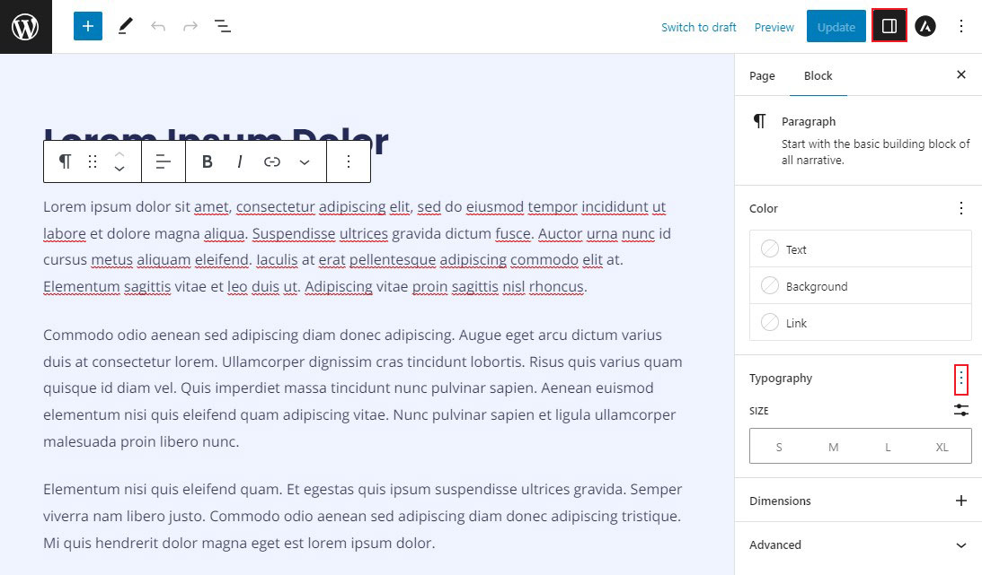 Open Typography Settings in block Editor