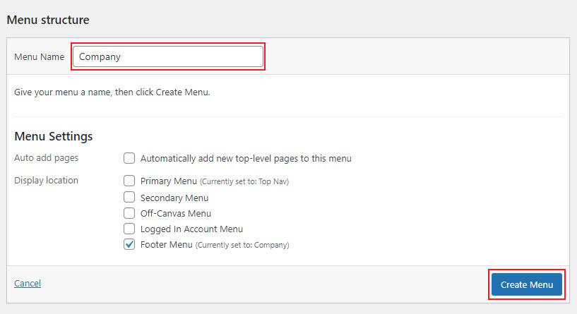Select Menu Location and Create New Menu