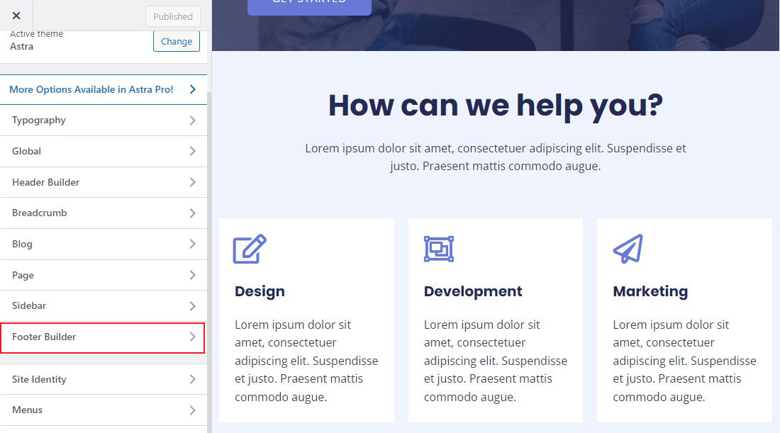WordPress Theme Customizer Footer Builder Option