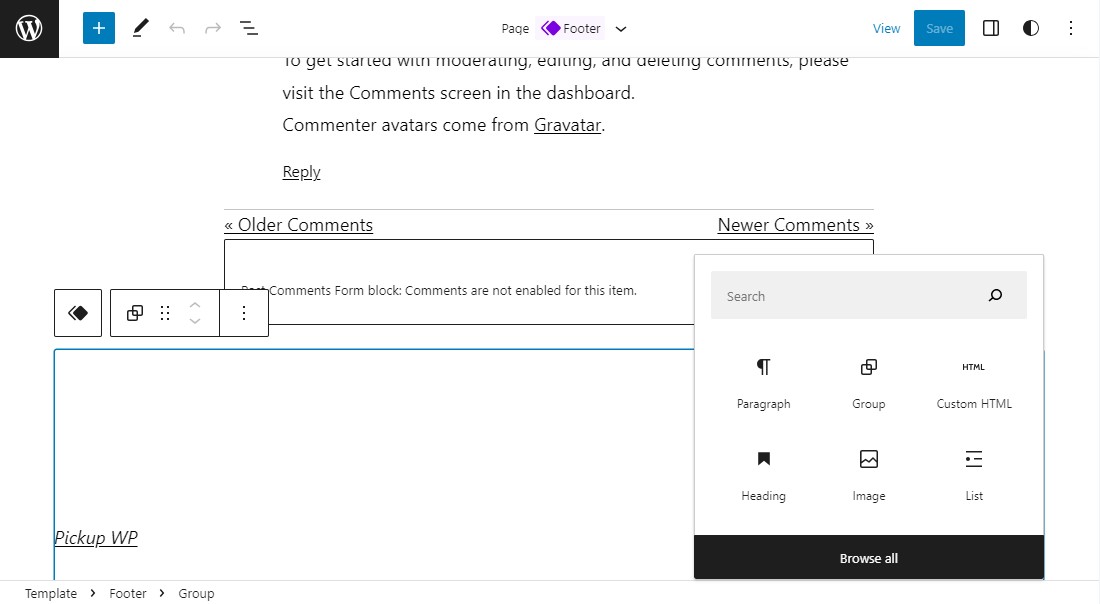 Add Blocks in Full Site Editor Footer