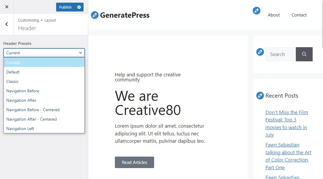 Header Settings in GeneratePress