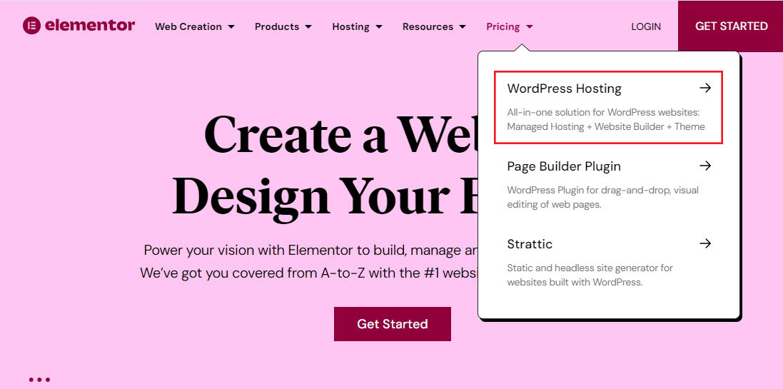 Elementor WordPress Hosting Option Under Pricing Menu