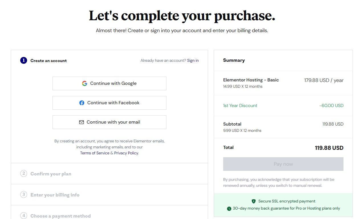 Create an Account on Elementor
