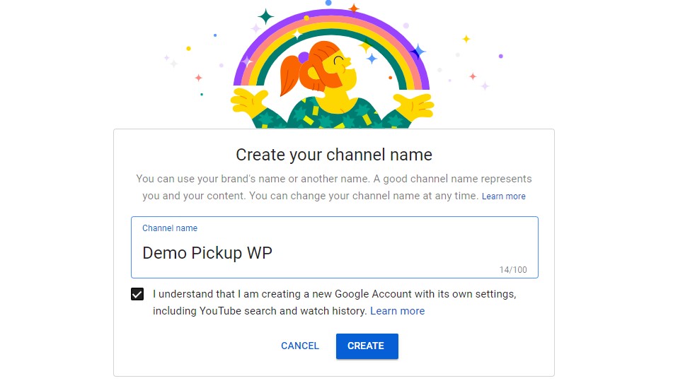 Enter Name and Create YouTube Channel