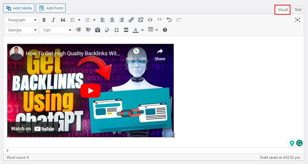 Preview Video in Classic Editor Visual Mode