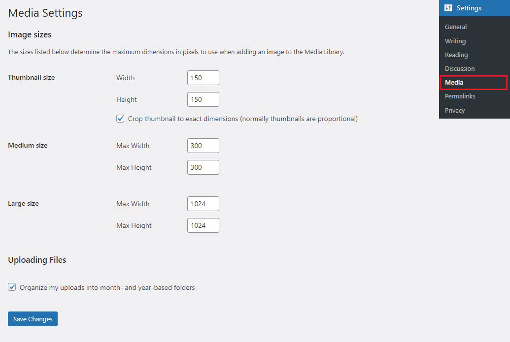 WordPress Media Settings for Image Sizes