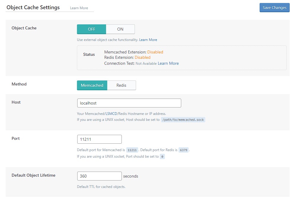 LiteSpeed Cache Object Cache Settings