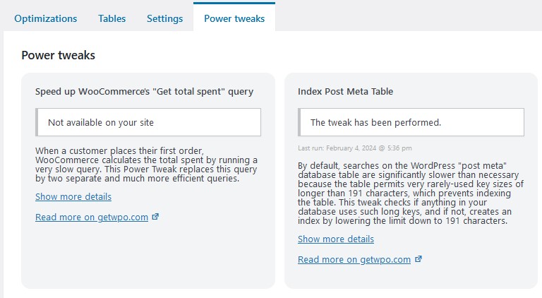 WP-Optimize Power Tweaks Option