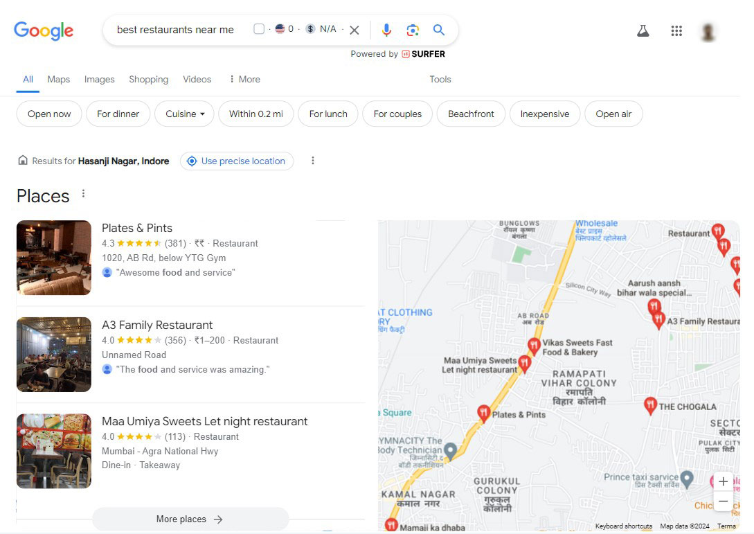 Local Google Search Results For "Restaurants Near Me"