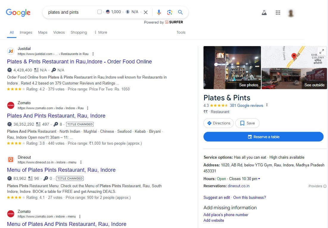 Google Business Profile For "Plates & Pints"