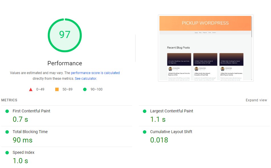 PageSpeed Insights Desktop Score For "Pickup WP"