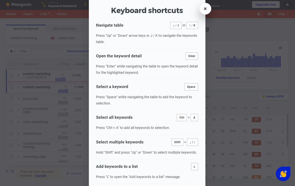 KWFinder Keyboard Shortcuts