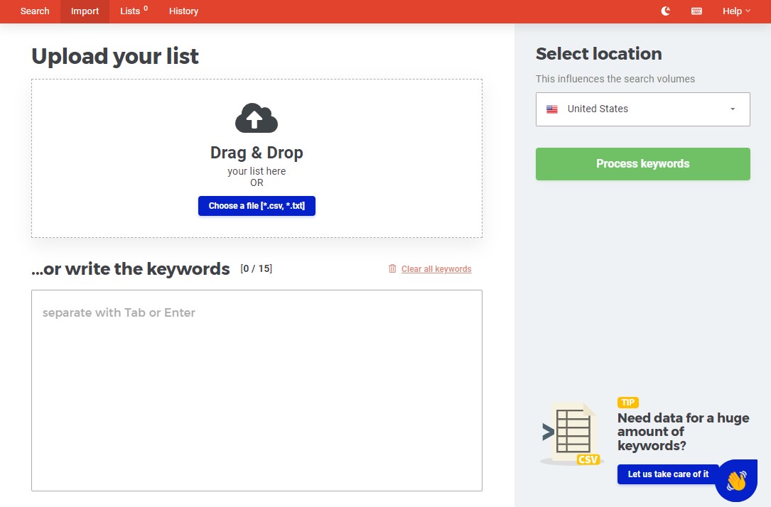 KWFinder Keyword Import Option
