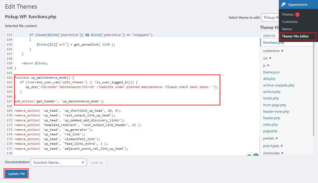 Write Code Snippet for Maintenance Mode in WordPress Theme Editor File