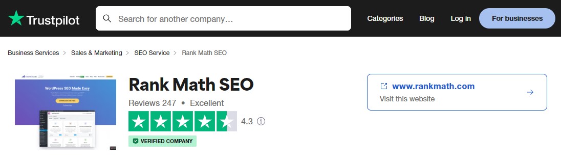Rank Math User Rating on TrustPilot Website