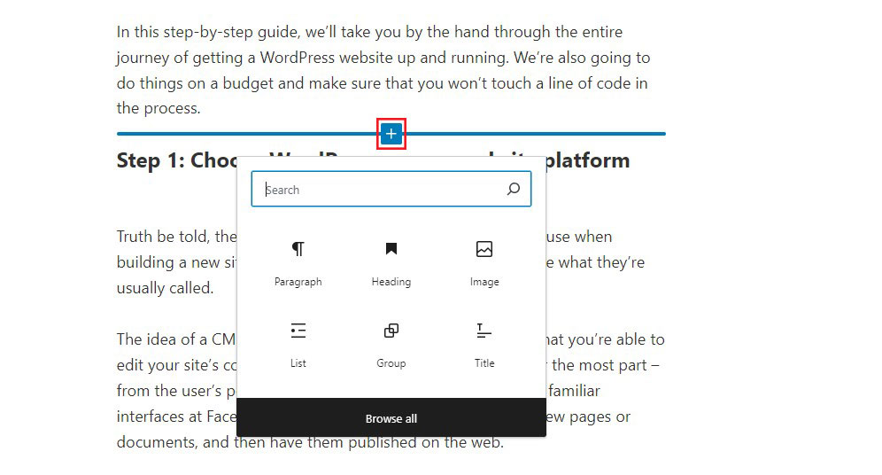 Add WordPress Blocks Icon Within Content Editor