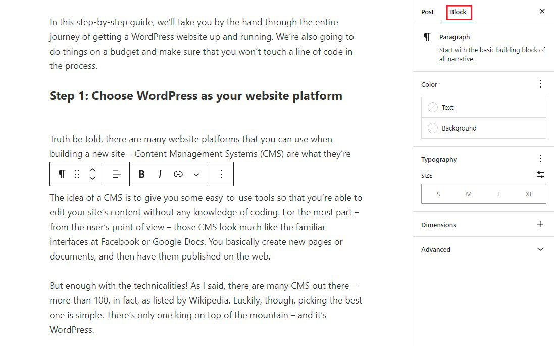 Advanced Settings for Paragraph Blocks