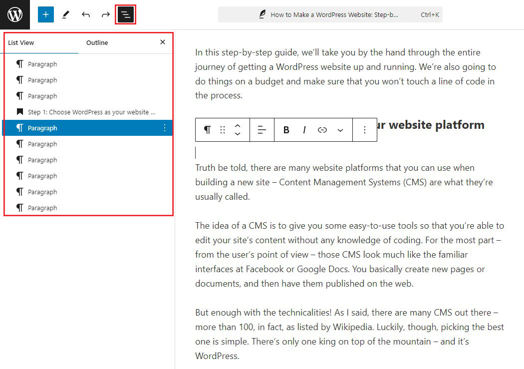 Selecting Paragraph Block in List View in Gutenberg Block Editor