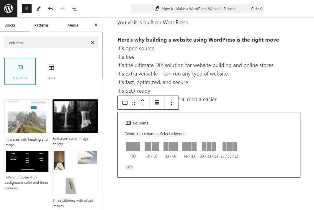 Add Columns Block in Gutenberg Editor