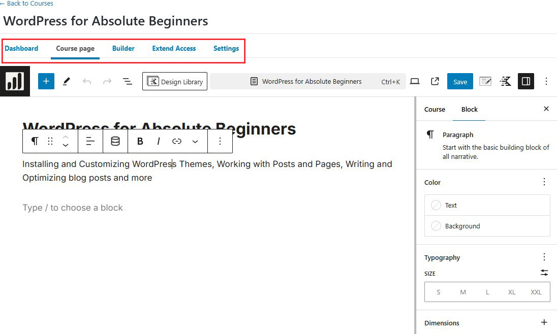LearnDash Course Builder Options on Block Editor