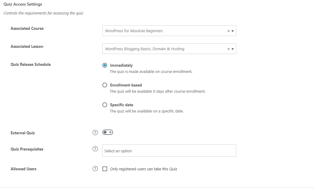 LearnDash Quiz Settings