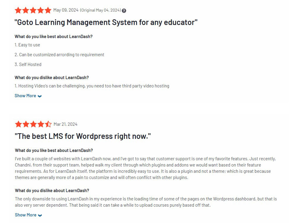 LearnDash User Testimonials on G2 Website