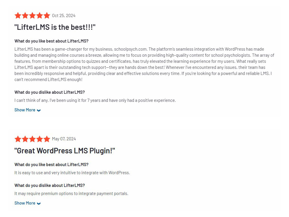LifterLMS User Testimonials on G2 Website