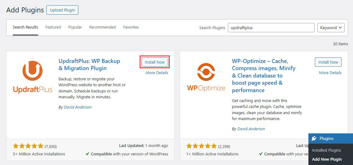 Installing UpdraftPlus, A WordPress Backup Plugin