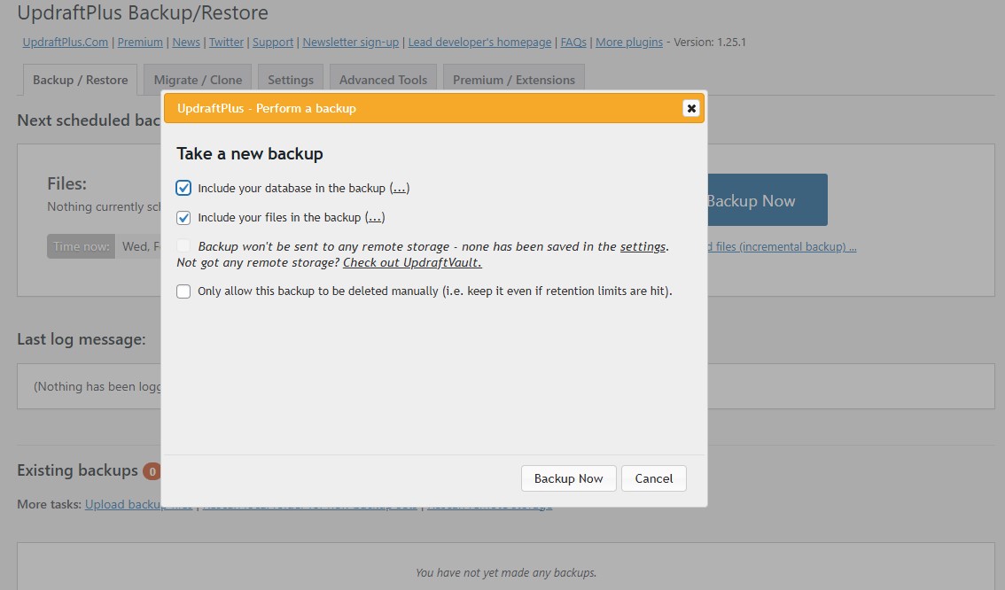 UpdraftPlus Popup With Database and Files Options to Create Backup