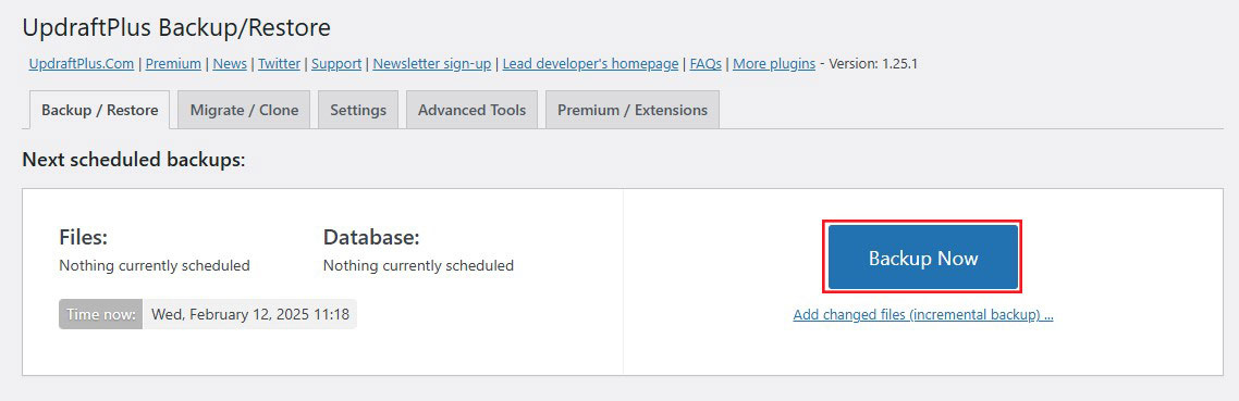 Start a New Backup By Clicking UpdraftPlus "Backup Now" Button