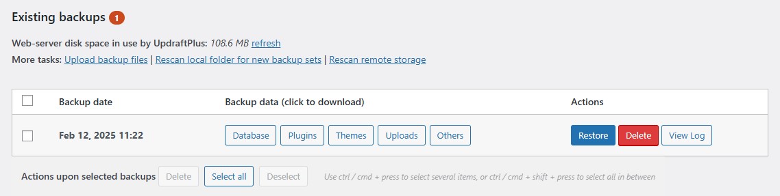 A Successfull Backup Within UpdraftPlus