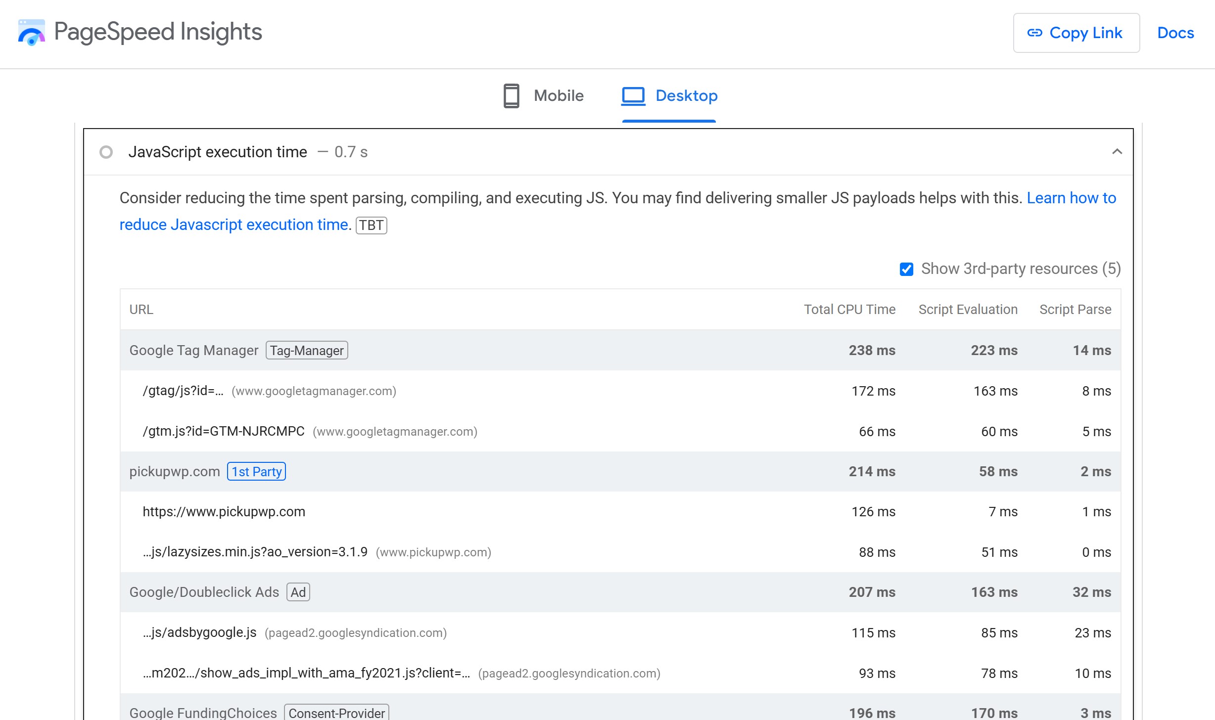 PageSpeed Insights JavaScript Execution Time
