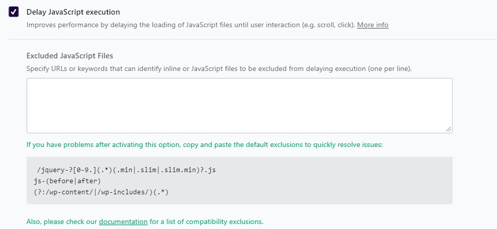 WP Rocket Delay JavaScript Execution option